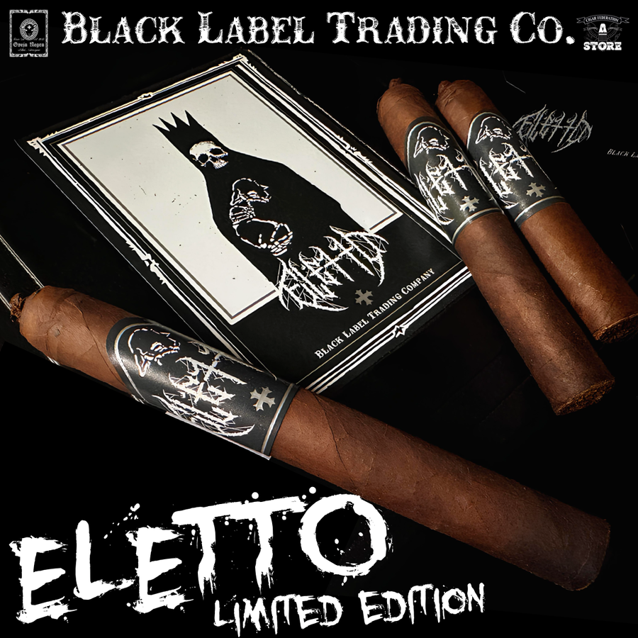 Cigars with decorative band featuring 'Black Label Trading Co.' branding on a black background.